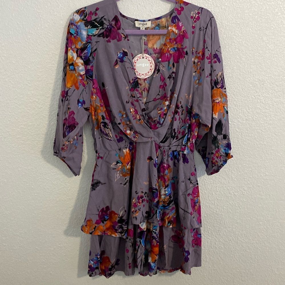 NWT- Umgee-  Lilac/Gray Floral tiered dress with 3/4 Sleeve Dress- Size medium